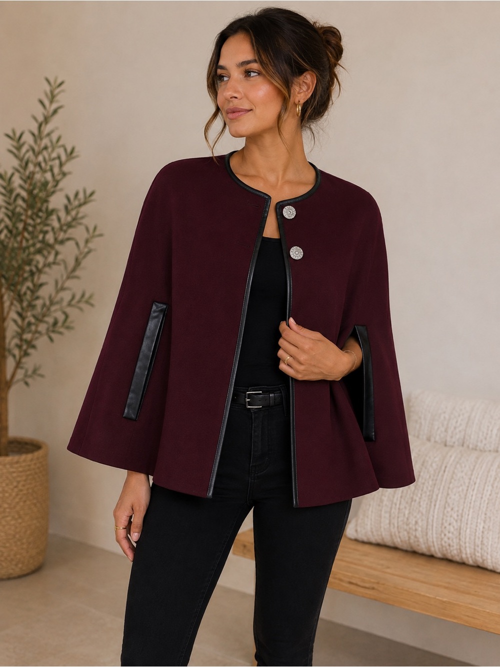Anne Klein Wine Cape Jacket with Black Trim